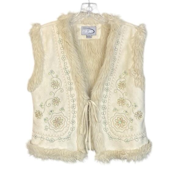 Vintage Rave Y2K Faux Suede and Shearling Embroidered Embellished Cream Vest XL - Picture 2 of 7